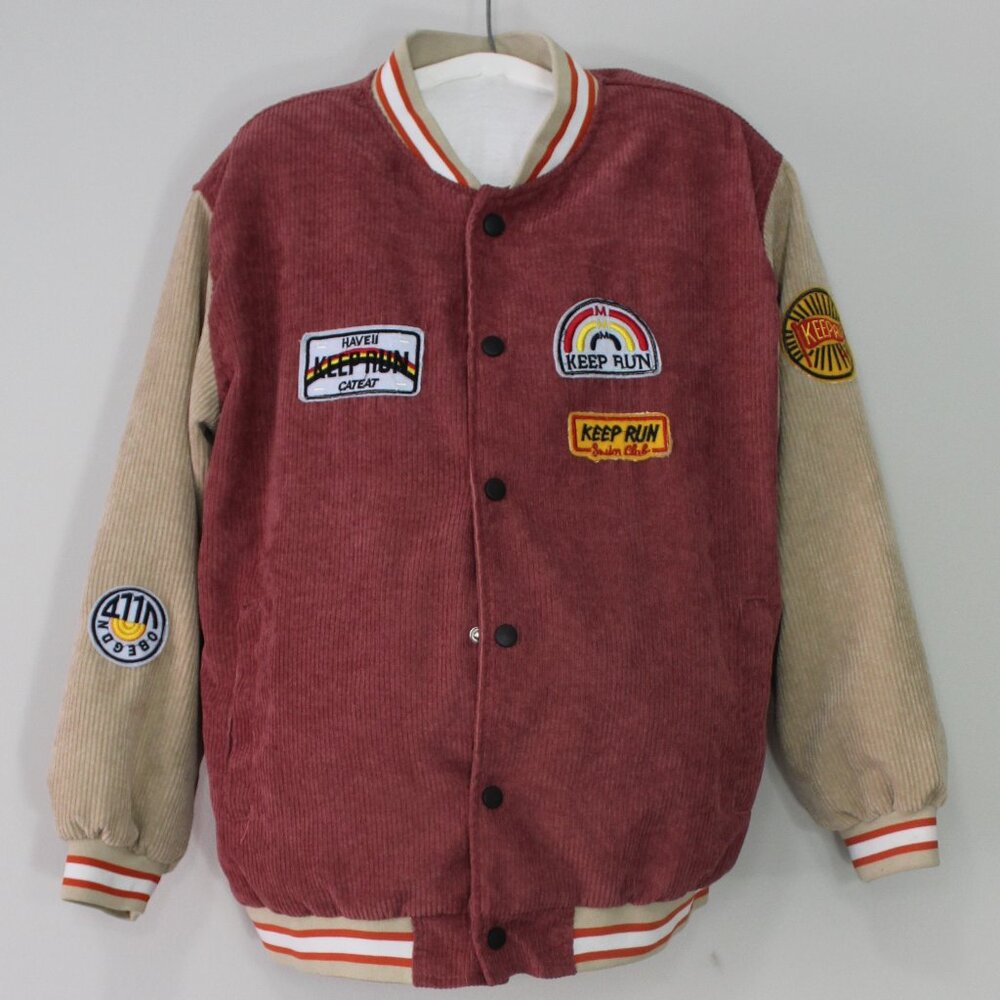 Corduroy Patchwork Embroidery Varsity Jacket Pink and Tan Size Medium